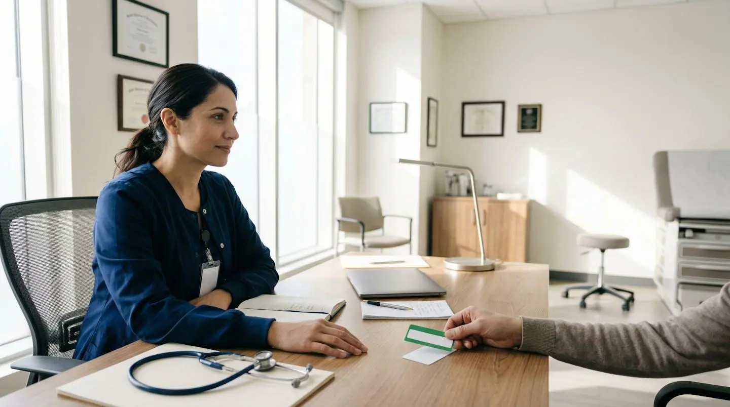 Consultation médicale avec présentation de carte vitale et documents de mutuelle pour illustrer les réseaux de soins