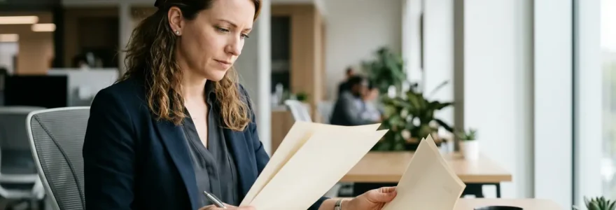 Un employé examine attentivement des documents de mutuelle d'entreprise dans un bureau moderne