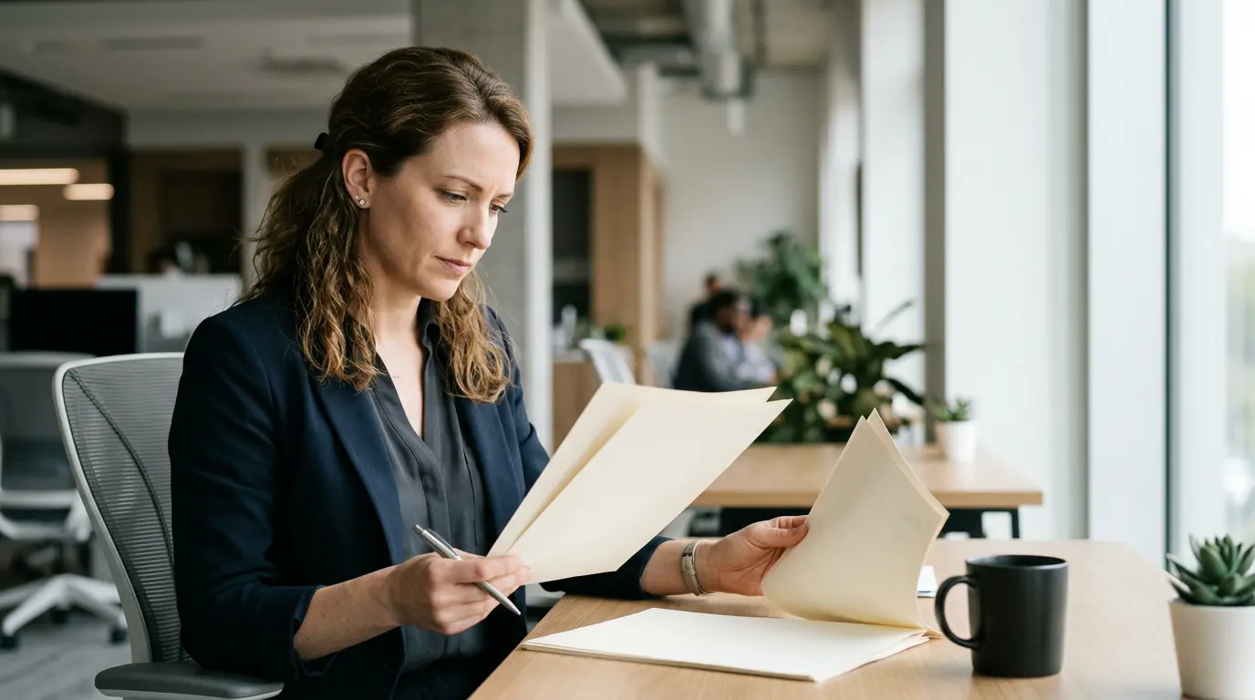 Un employé examine attentivement des documents de mutuelle d'entreprise dans un bureau moderne