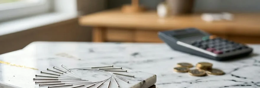 Illustration d'une séance d'acupuncture avec une main tenant des aiguilles et une calculette en arrière-plan flou