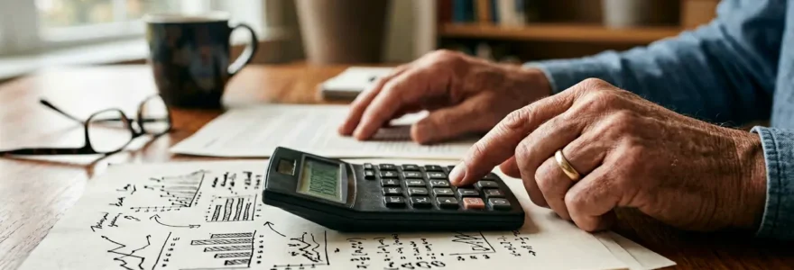 Personne senior examinant des documents financiers avec une calculatrice sur une table en bois
