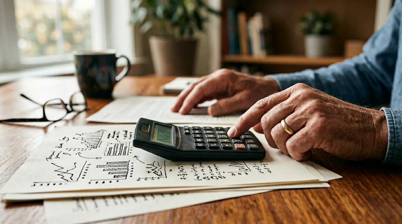 Personne senior examinant des documents financiers avec une calculatrice sur une table en bois