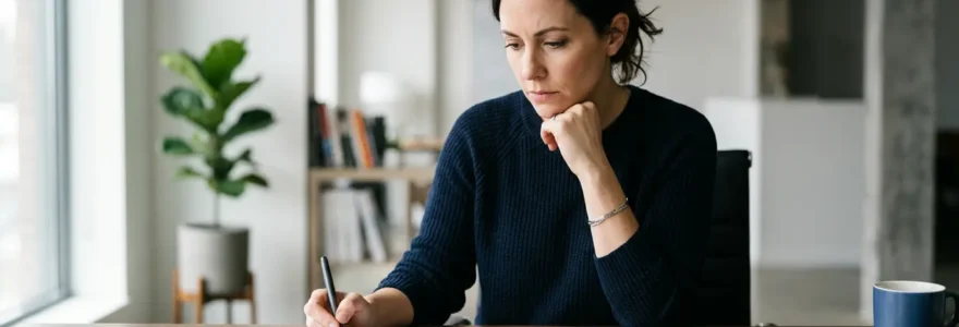 Personne analysant des documents d'assurance santé avec calculatrice et lunettes sur un bureau moderne
