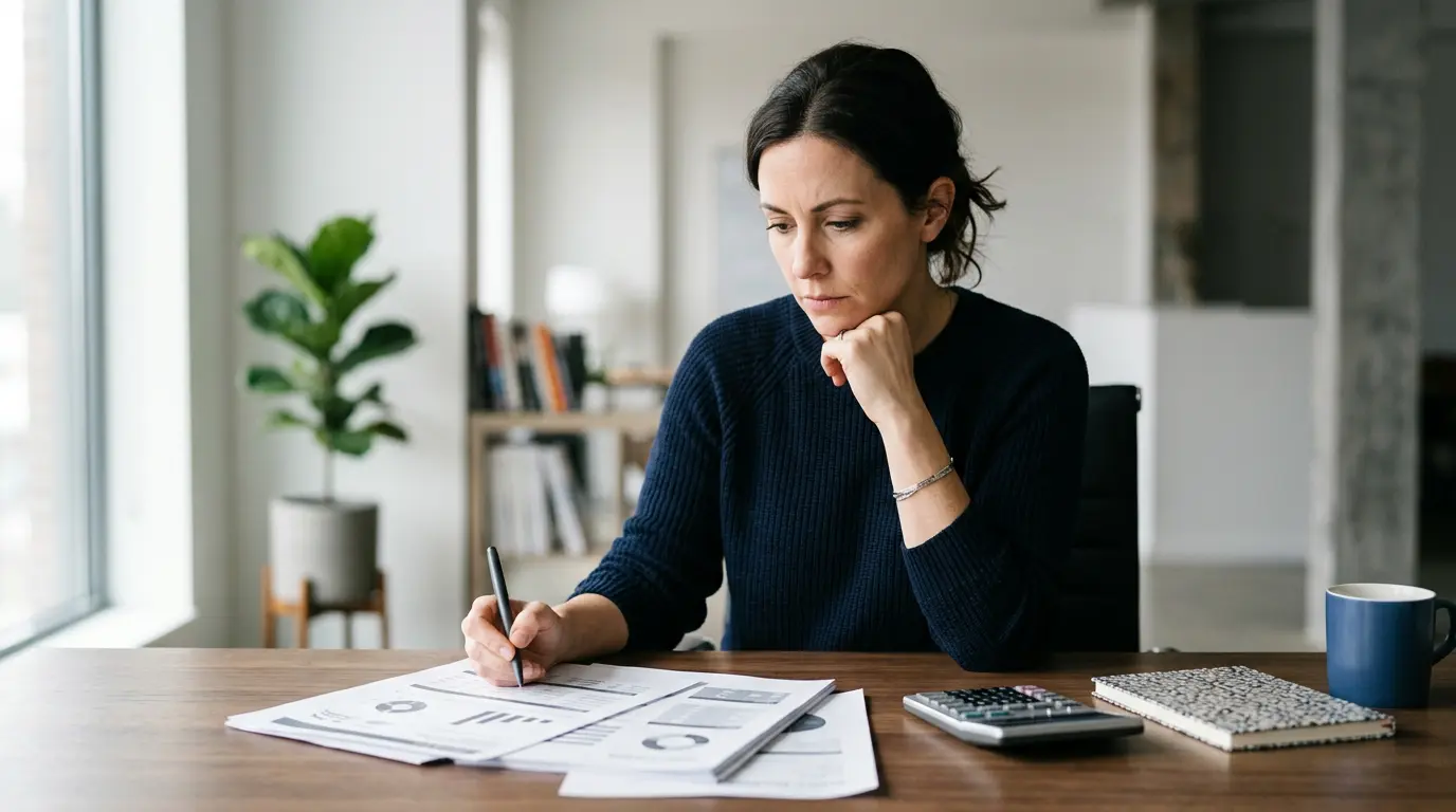 Personne analysant des documents d'assurance santé avec calculatrice et lunettes sur un bureau moderne