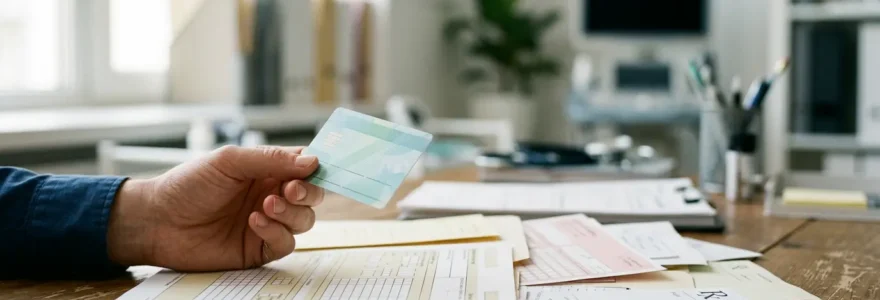 Consultation médicale avec carte Vitale et documents de remboursement sur un bureau médical