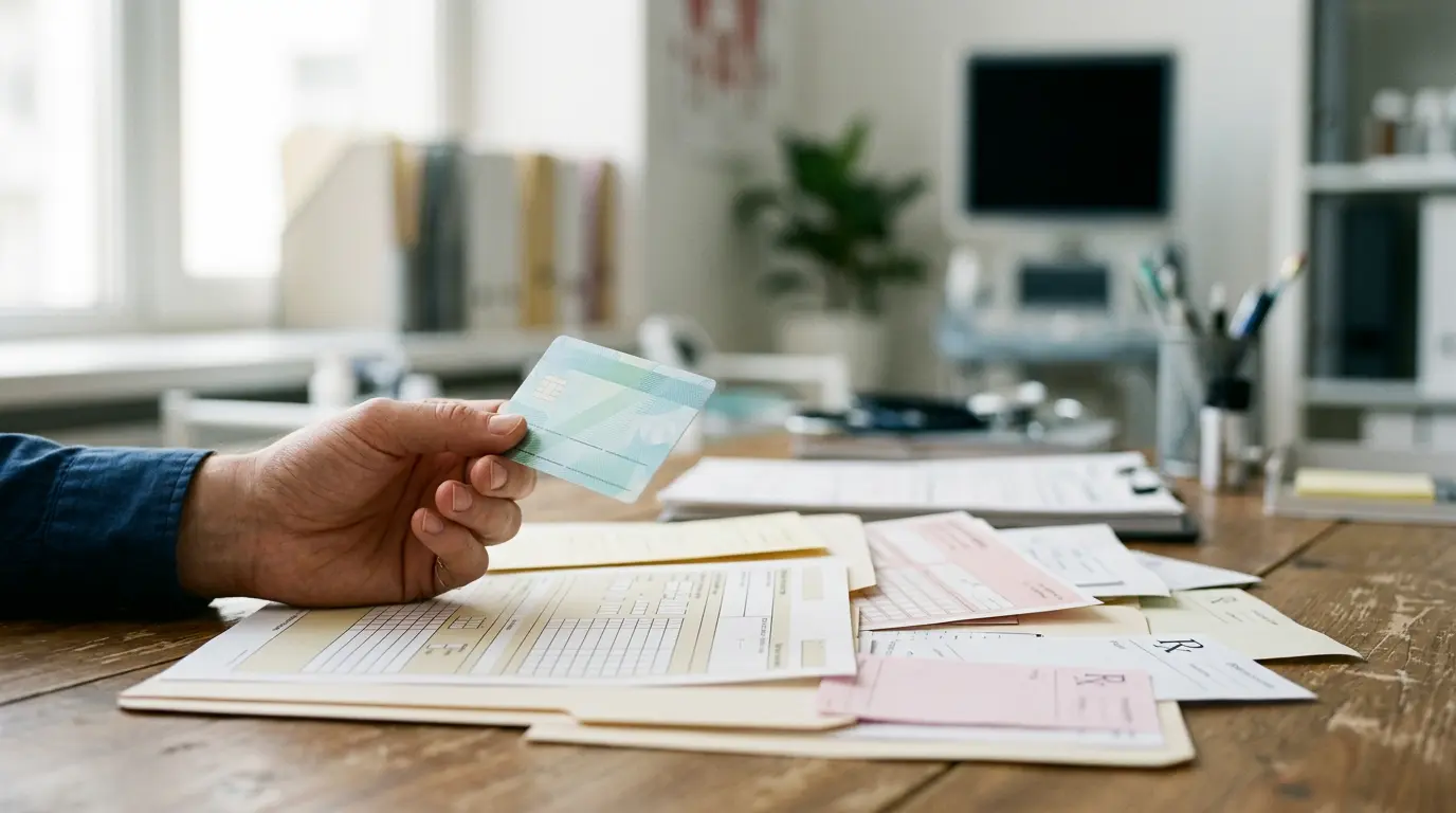 Consultation médicale avec carte Vitale et documents de remboursement sur un bureau médical