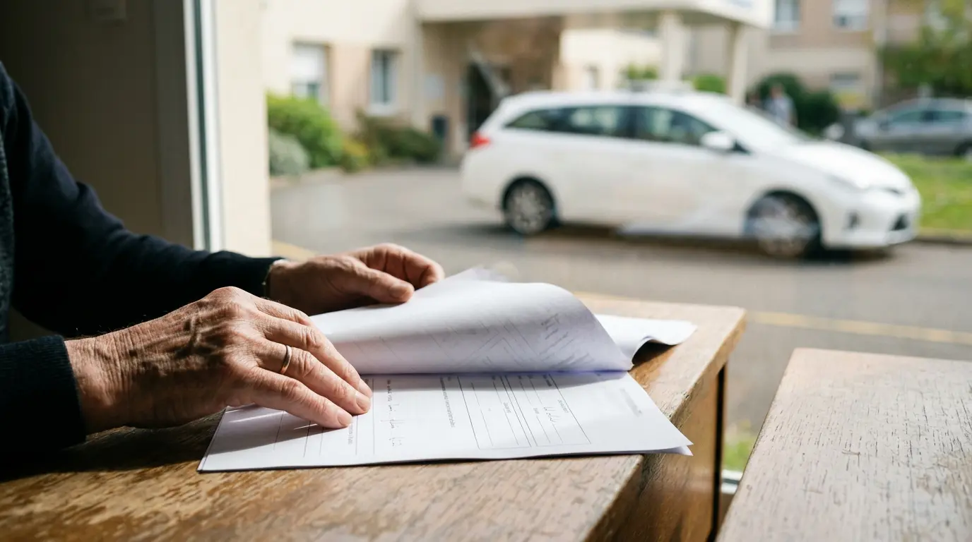 Personne âgée consultant un document médical avec un VSL visible en arrière-plan