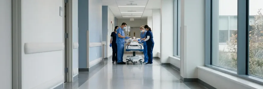 Service des urgences hospitalières avec personnel médical et patient recevant des soins