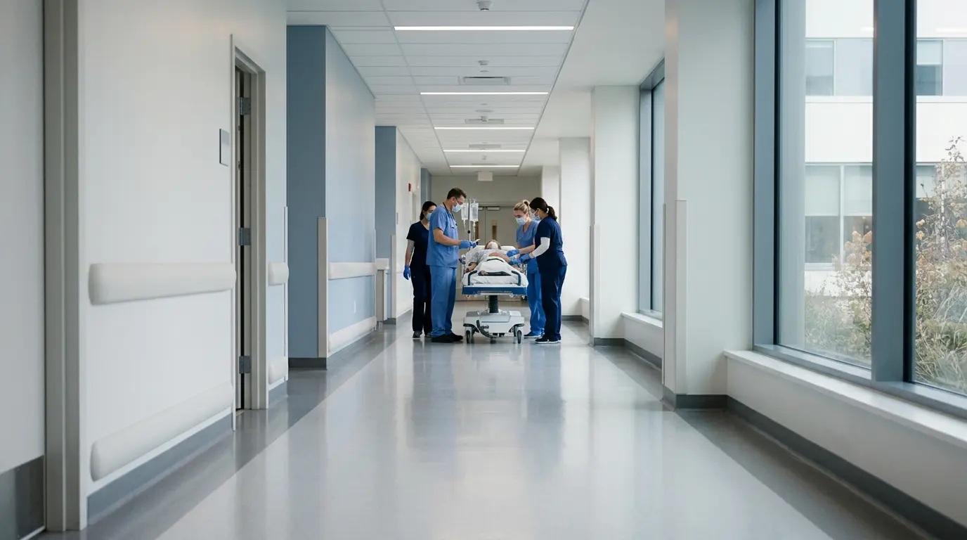 Service des urgences hospitalières avec personnel médical et patient recevant des soins