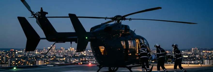 Équipe du SAMU intervenant de nuit avec un hélicoptère médicalisé sur fond de ville éclairée