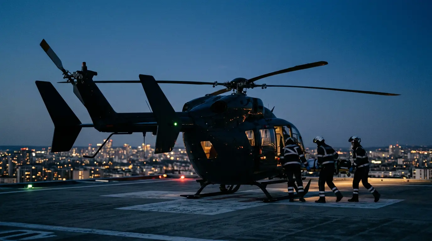 Équipe du SAMU intervenant de nuit avec un hélicoptère médicalisé sur fond de ville éclairée