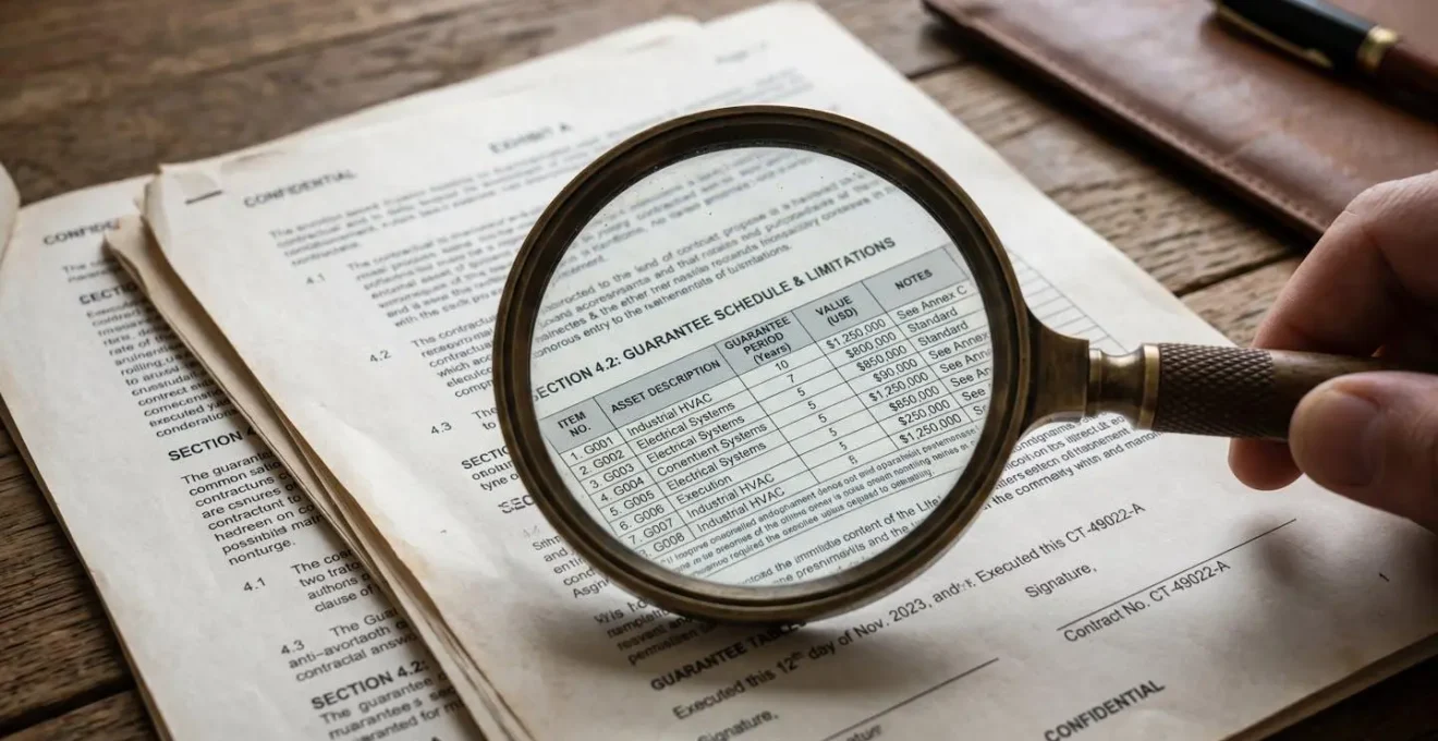 Vue macro de documents contractuels avec loupe grossissante sur tableaux de garanties