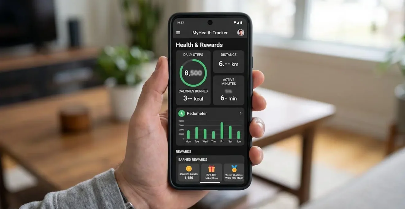 Main tenant un smartphone montrant des données de santé floues avec podomètre et récompenses