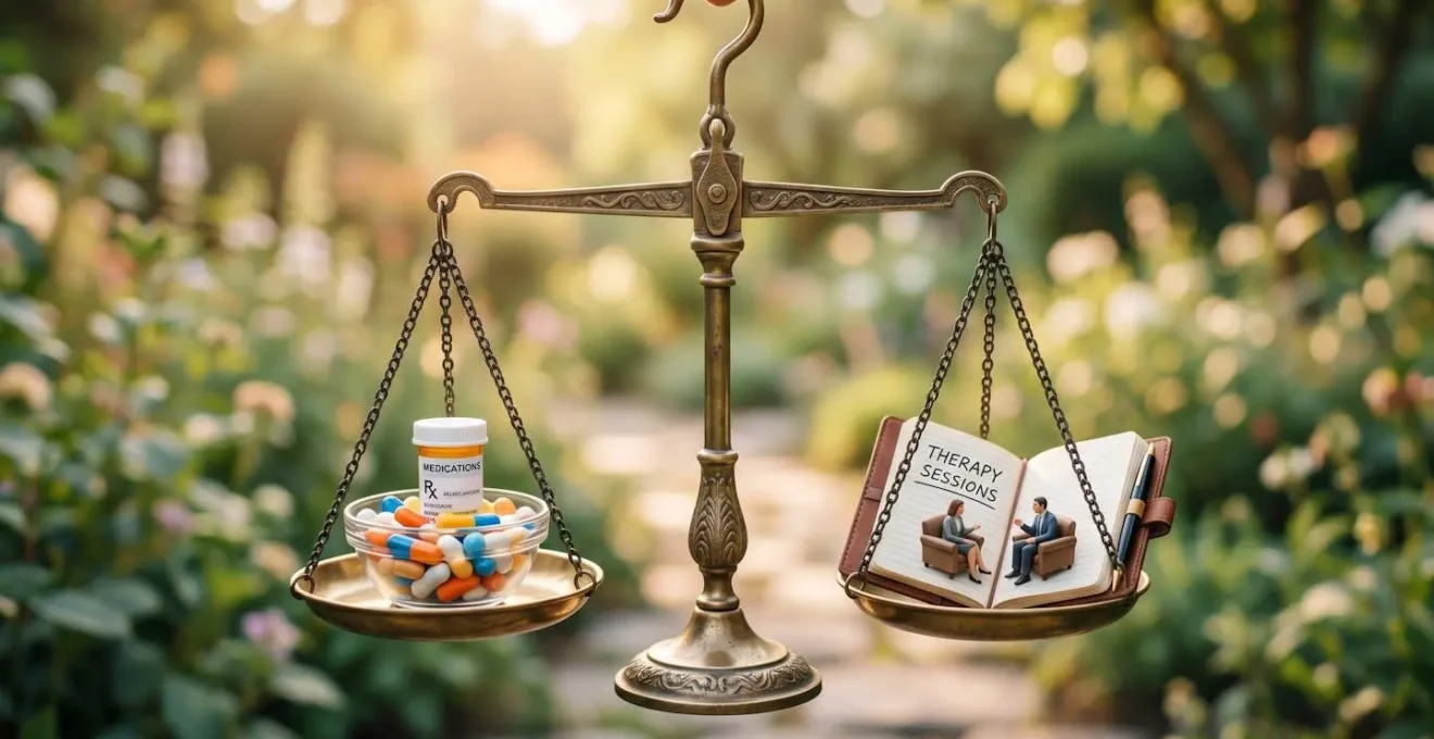 Balance symbolique équilibrant médicaments et séances de thérapie