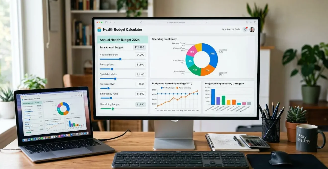 Calculatrice et graphiques de budget santé sur bureau