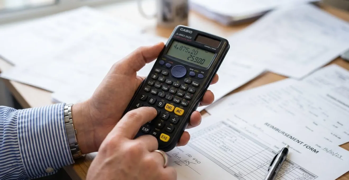 Gros plan sur une main tenant une calculatrice avec des papiers de remboursement flous en arrière-plan