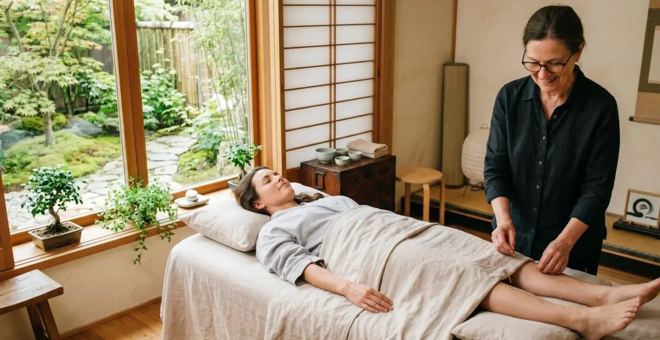 Environnement zen d'un cabinet d'acupuncture avec lumière naturelle traversant une fenêtre