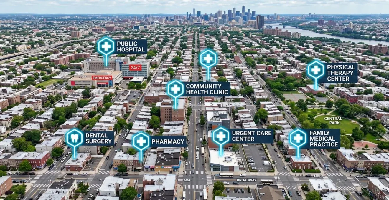 Vue aérienne d'un quartier urbain avec différents points de santé accessibles mis en évidence