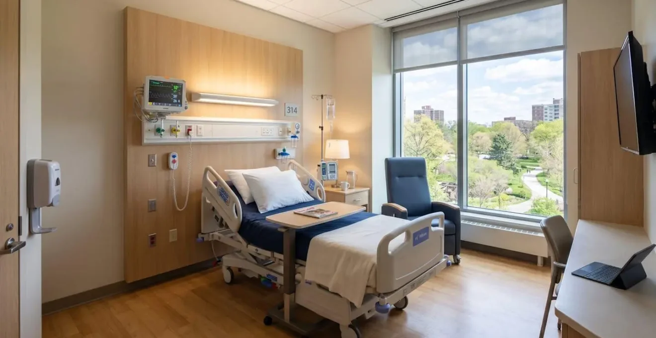 Chambre d'hôpital moderne avec lit médicalisé et fenêtre lumineuse