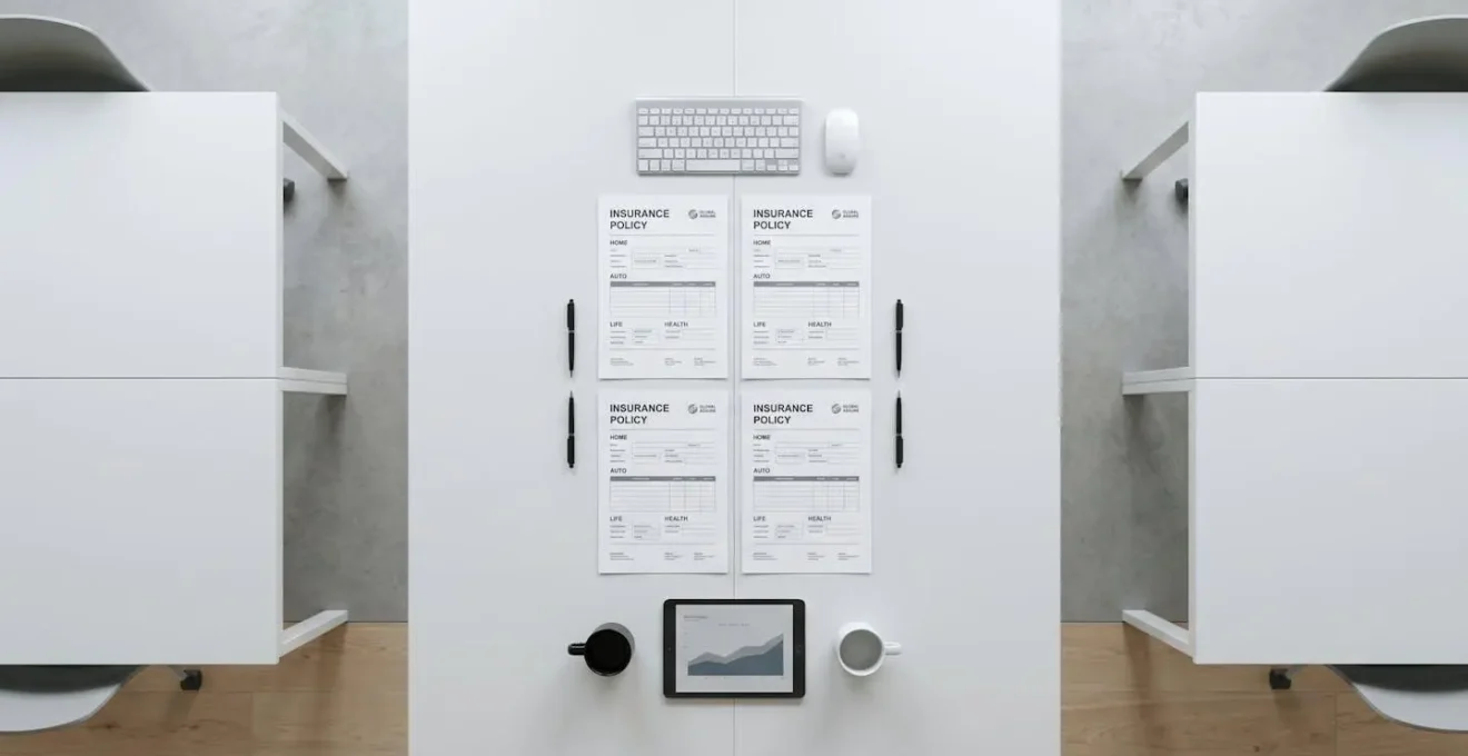 Vue aérienne minimaliste d'un bureau avec documents d'assurance disposés symétriquement