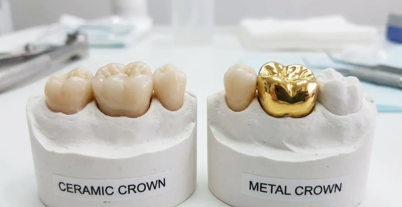Vue macro comparative entre couronne céramique et métallique sur molaire