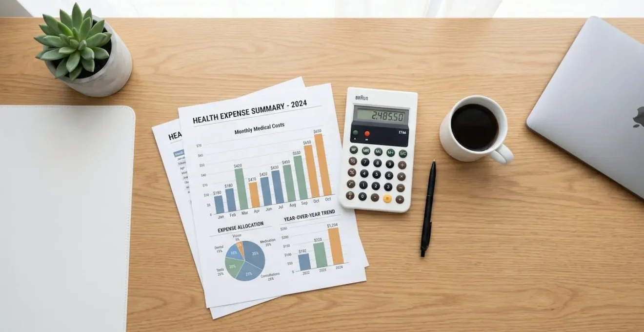 Vue aérienne minimaliste d'un bureau avec calculatrice et graphiques de dépenses santé
