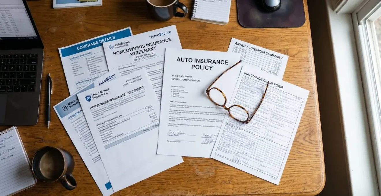 Vue aérienne de plusieurs documents d'assurance étalés sur un bureau avec des lunettes posées dessus