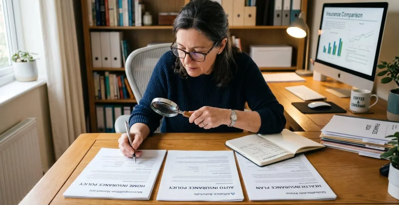 Personne comparant différents documents de mutuelles avec une loupe sur un bureau organisé