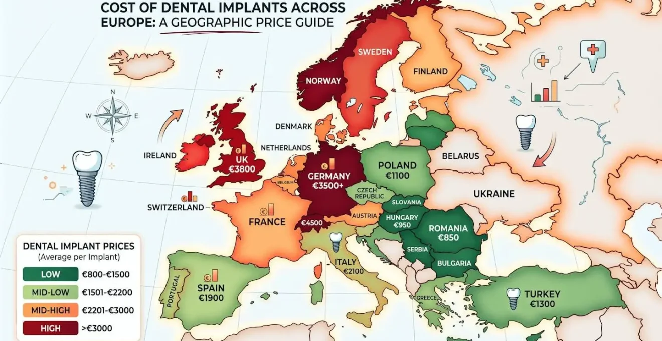 Carte stylisée de l'Europe avec indicateurs visuels des écarts de prix pour les implants dentaires