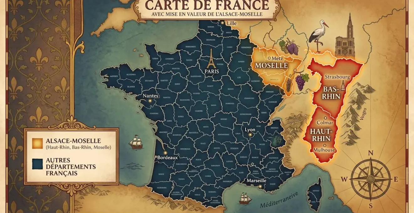 Carte stylisée de France avec mise en évidence visuelle des départements d'Alsace-Moselle