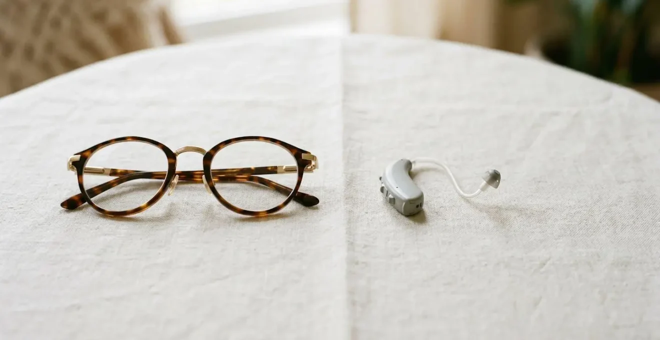 Composition artistique montrant des lunettes et un appareil auditif disposés symétriquement sur une surface claire