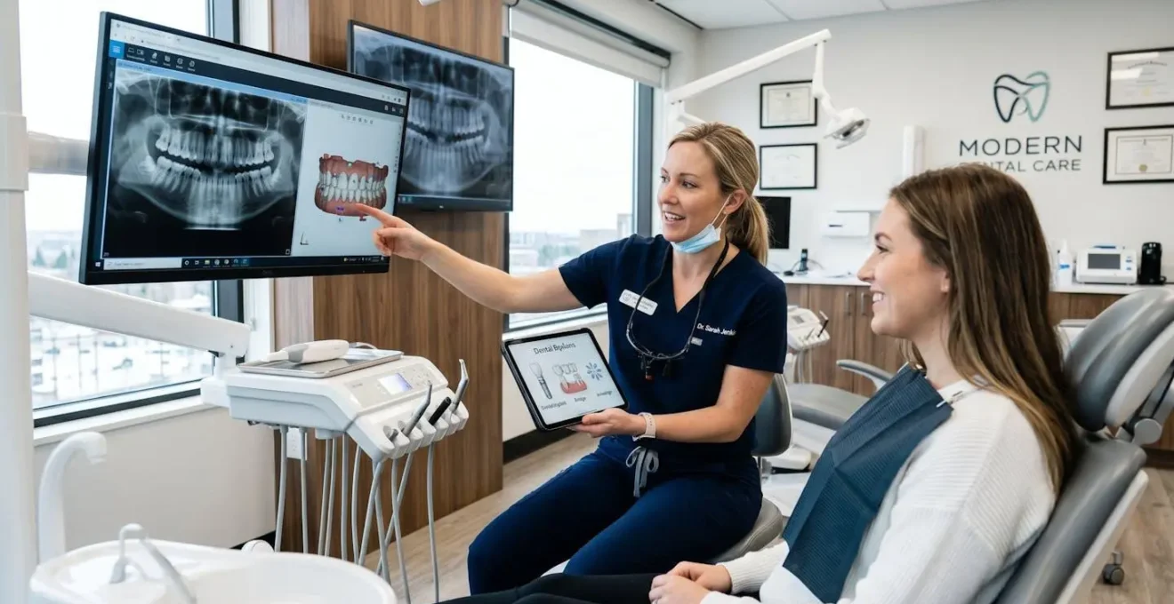 Dentiste expliquant les options de traitement à un patient dans un cabinet moderne