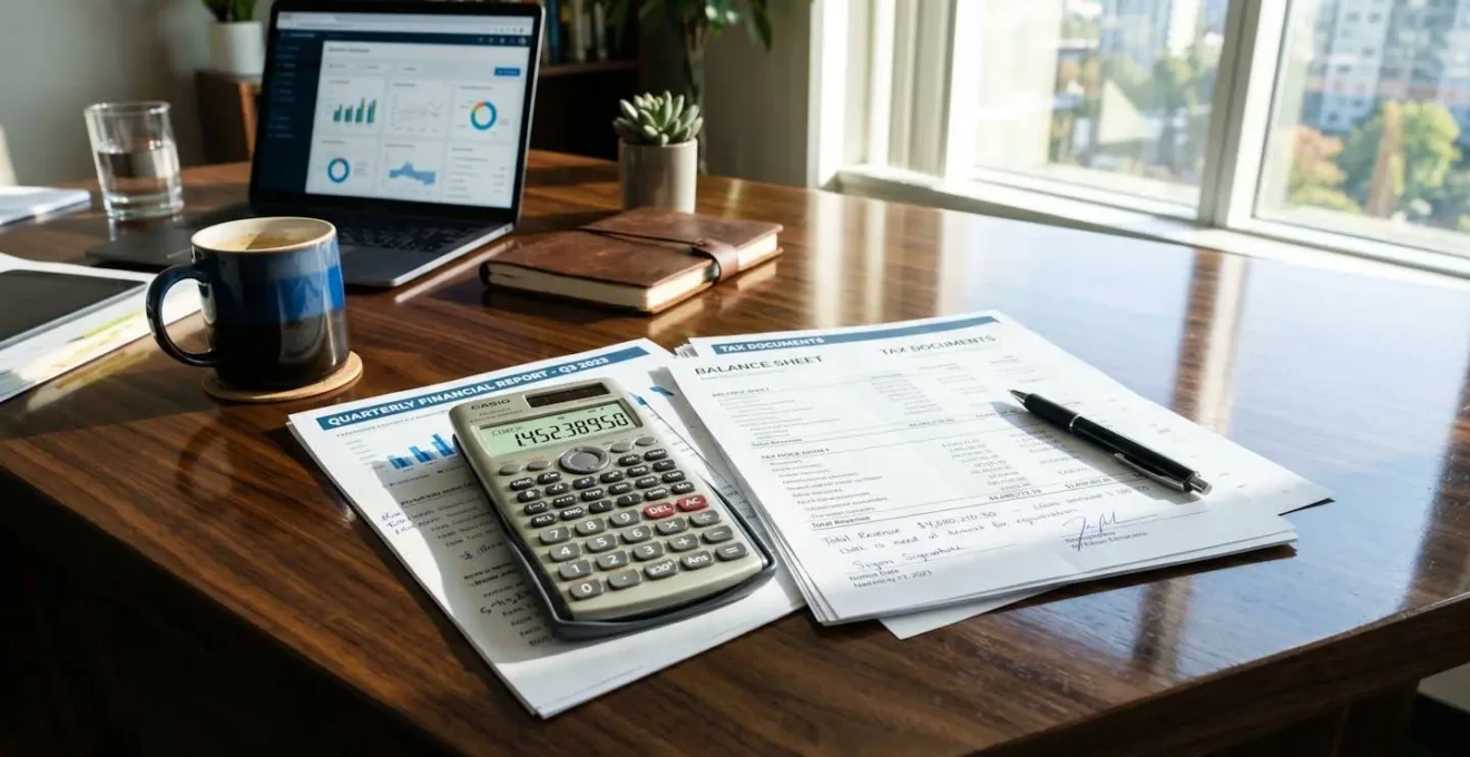 Documents financiers et calculatrice sur un bureau avec reflets de lumière