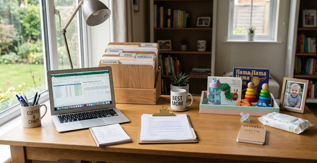 Bureau organisé avec documents administratifs et objets de puériculture disposés harmonieusement