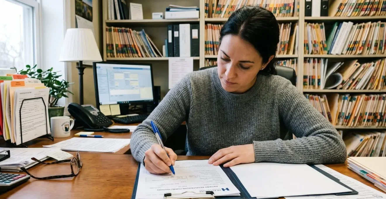 Main remplissant un formulaire administratif avec documents médicaux en arrière-plan