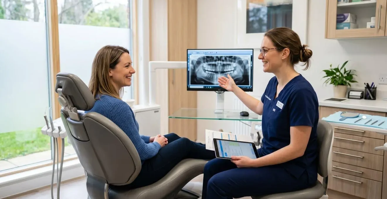 Cabinet dentaire moderne avec patient et praticien en consultation