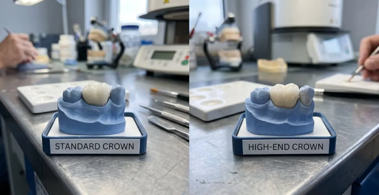 Comparaison visuelle entre une couronne standard et une couronne haut de gamme en laboratoire dentaire
