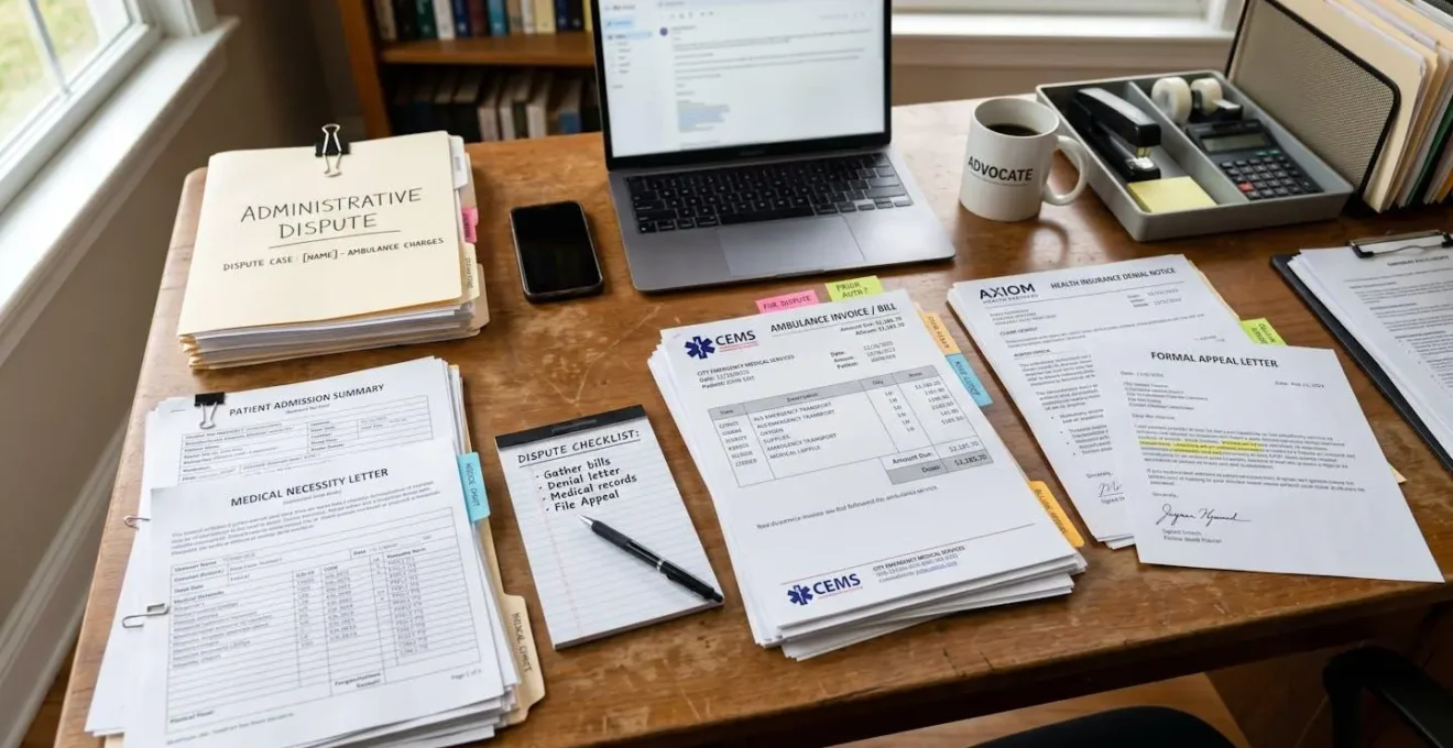 Bureau organisé avec documents médicaux et factures d'ambulance pour contestation administrative
