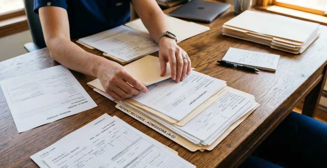 Mains organisant soigneusement des documents médicaux sur une table en bois