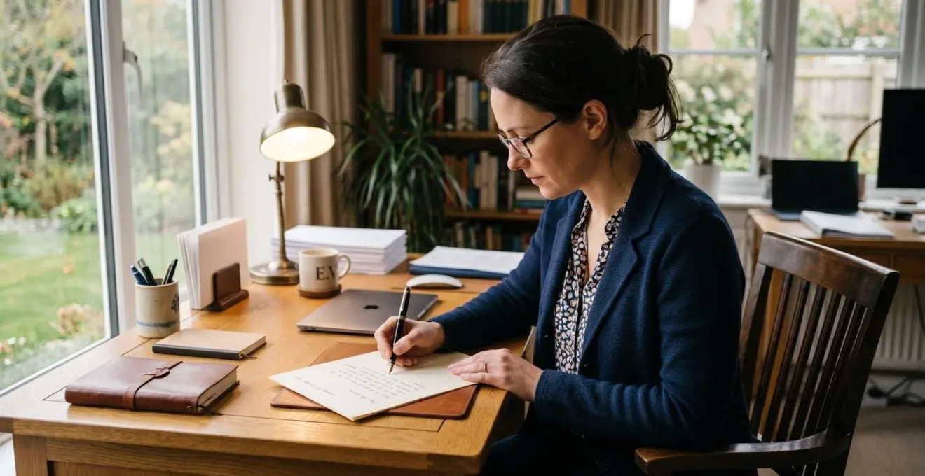 Personne rédigeant soigneusement une lettre professionnelle à son bureau