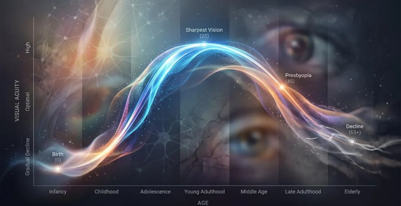 Courbe abstraite représentant l'évolution de la vision avec l'âge