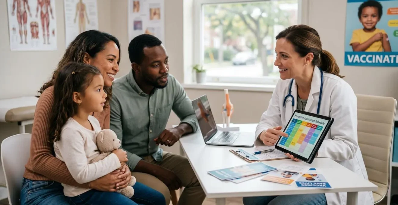 Famille en consultation médicale pour planifier les vaccinations préventives