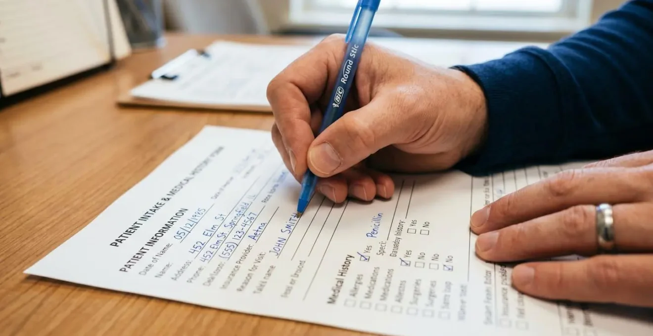 Gros plan sur un formulaire médical avec une main tenant un stylo