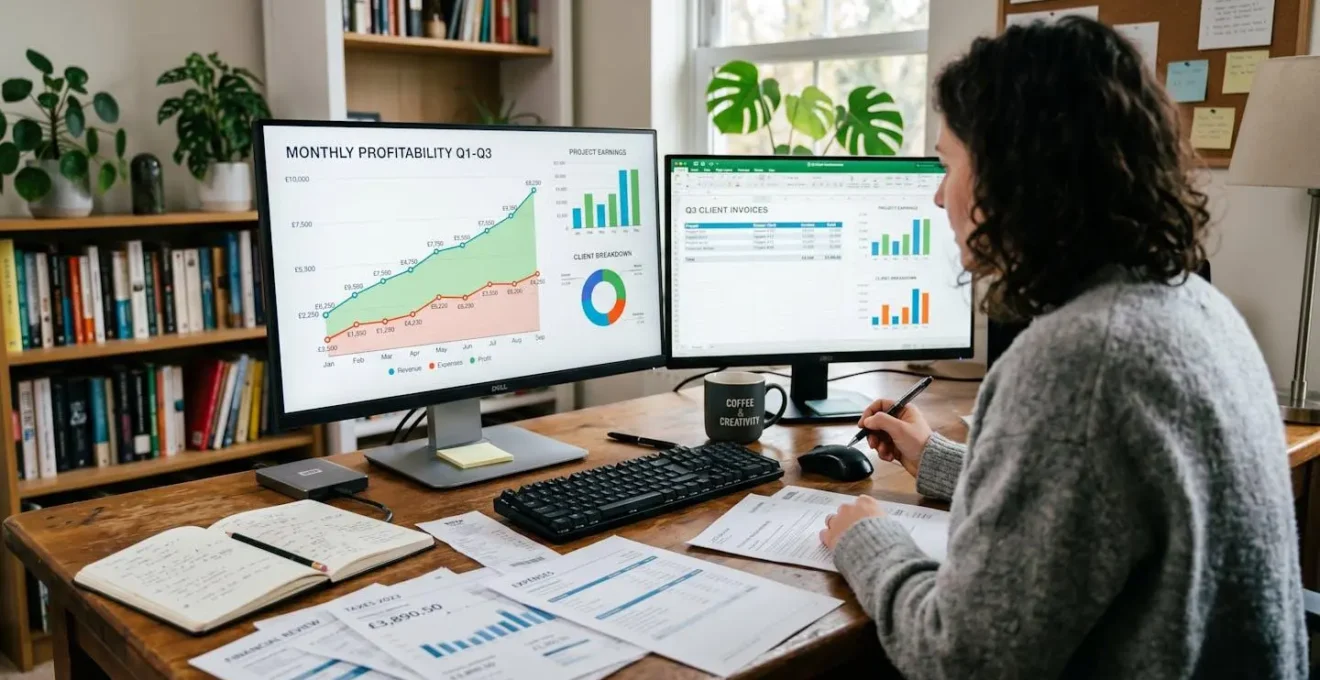 Espace de travail freelance avec graphiques de rentabilité et documents financiers flous