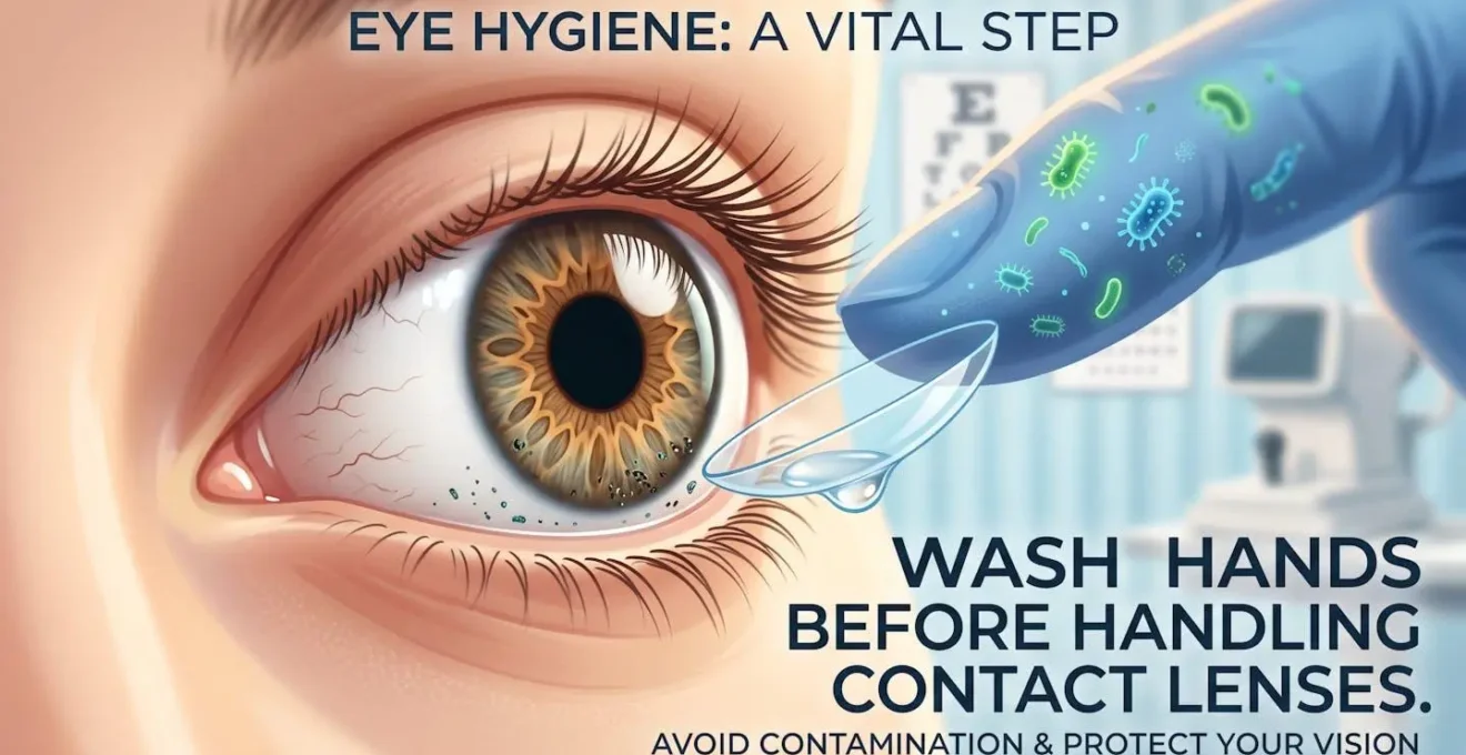 Illustration macro d'un œil avec lentille de contact montrant l'importance de l'hygiène