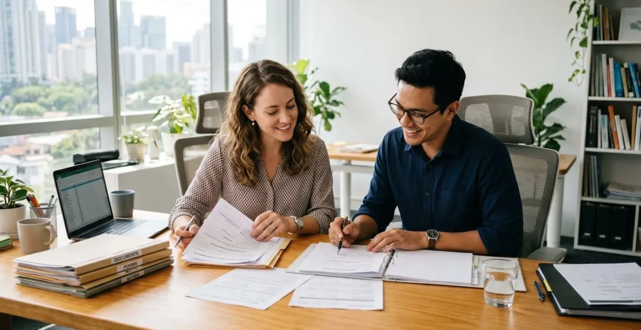 Couple consultant des documents administratifs dans un bureau lumineux