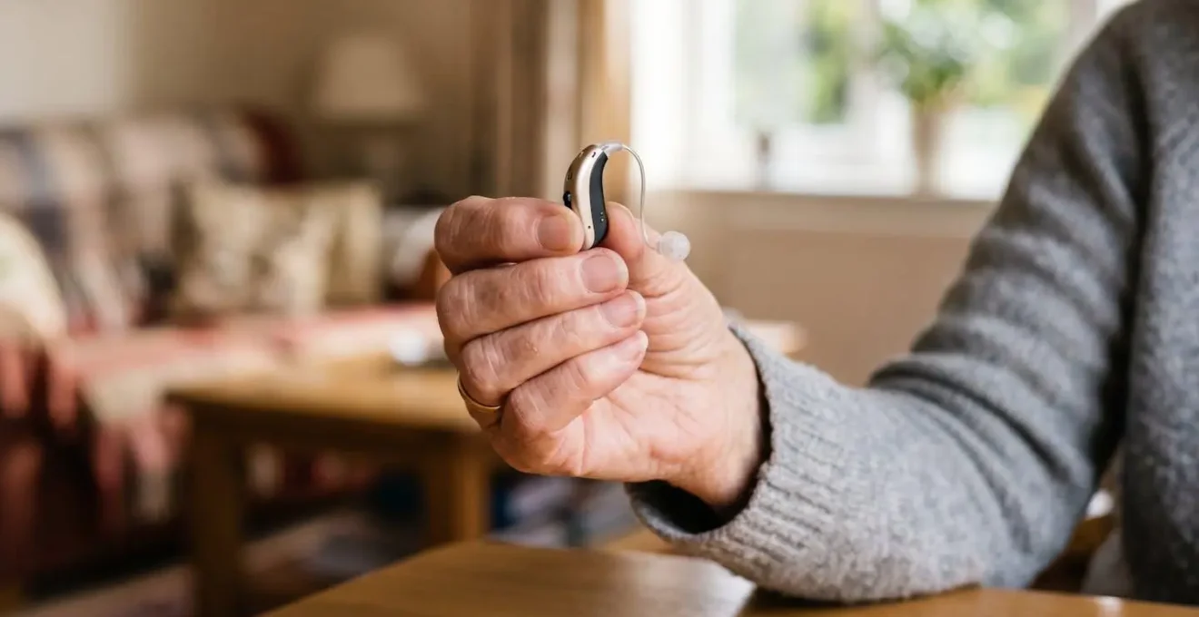 Main de personne âgée tenant délicatement un appareil auditif moderne dans une lumière douce