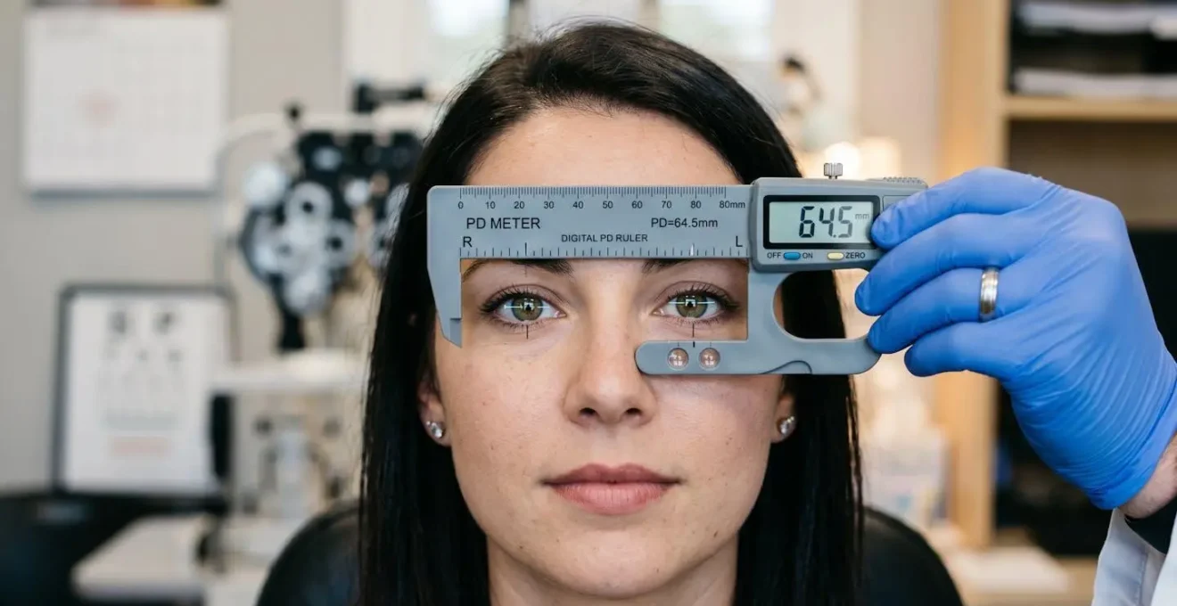 Gros plan sur la mesure de l'écart pupillaire avec une règle spécialisée