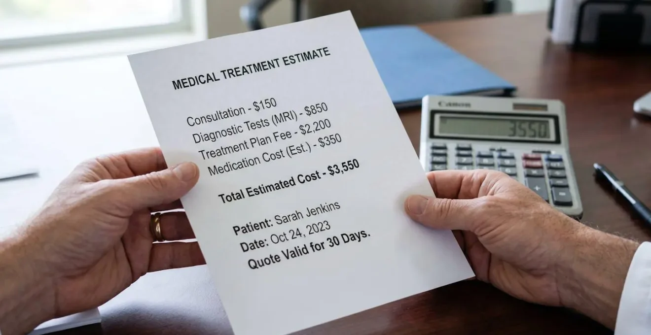 Gros plan sur des mains tenant un devis médical avec calculatrice en arrière-plan