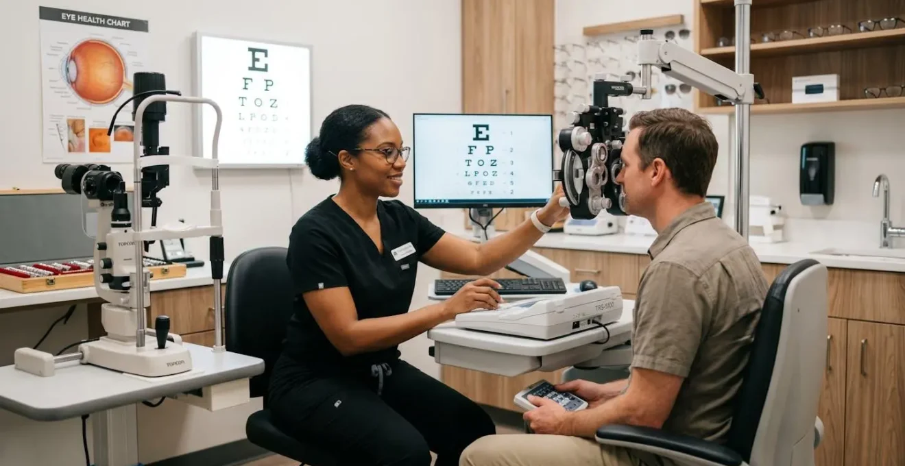 Opticien réalisant un examen de vue dans un cabinet moderne et équipé